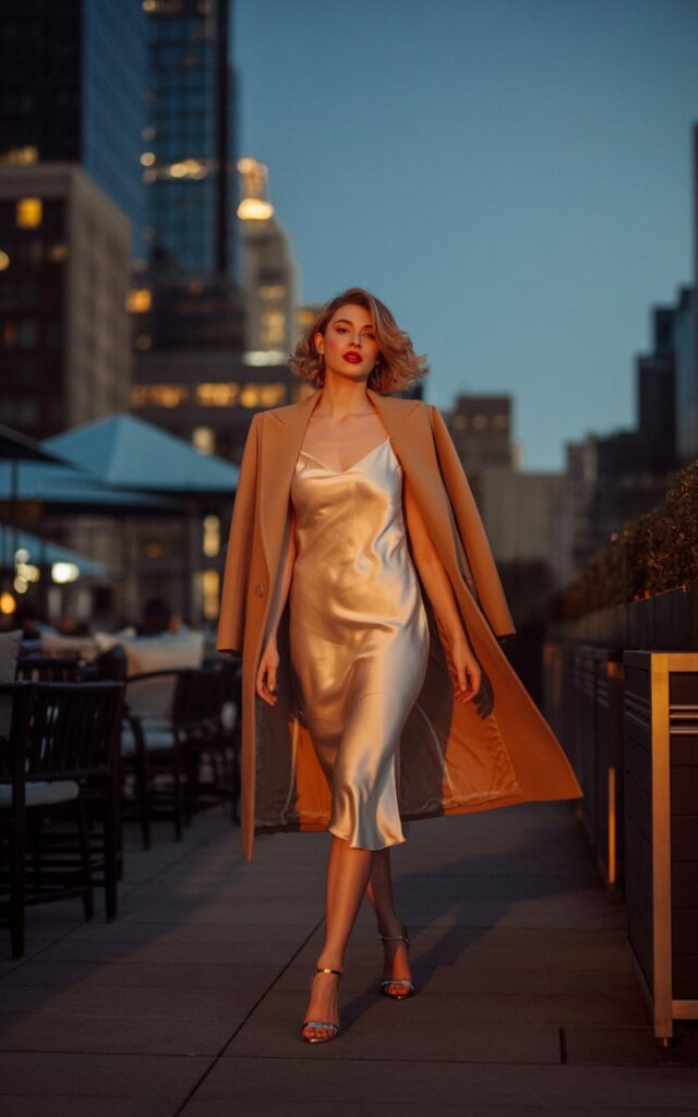 Full-body shot outside a city rooftop lounge at twilight. The model wears a silky champagne slip dress with a tailored camel coat over her shoulders and strappy heels. Hair styled in soft waves, bold red lip. She walks forward confidently with the skyline glowing behind her.