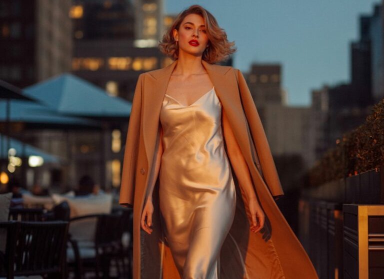 Full-body shot outside a city rooftop lounge at twilight. The model wears a silky champagne slip dress with a tailored camel coat over her shoulders and strappy heels. Hair styled in soft waves, bold red lip. She walks forward confidently with the skyline glowing behind her.