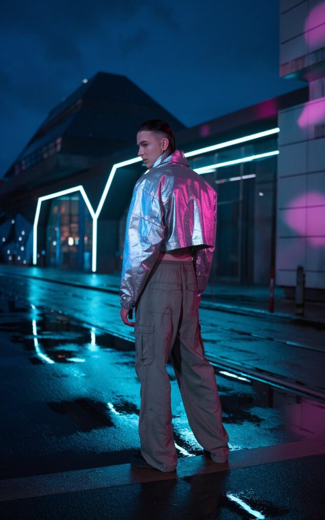 Futuristic Berlin street scene at night, neon reflections on wet pavement, model with slicked-back hair wearing a silver metallic cropped jacket and olive cargo pants, dramatic contrast lighting with electric blue and magenta tones.