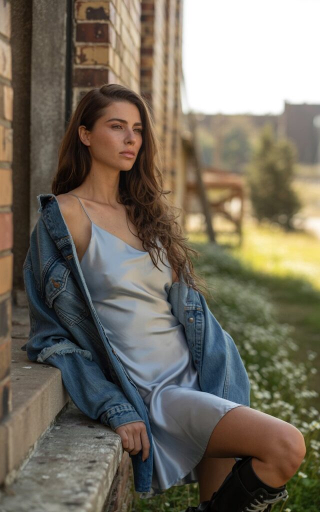 Golden hour outdoor shot near an abandoned building. Brunette model with long wavy hair wears a silky silver slip dress layered with a distressed oversized denim jacket and chunky combat boots. Light catches the satin fabric, adding contrast. She leans against a wall, looking off-camera with a cool, effortless vibe.