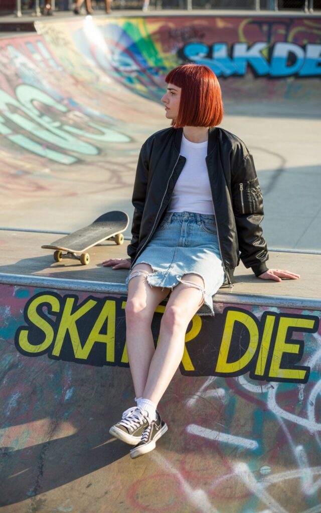 Graffiti-covered skate park. Redhead with straight bob haircut wears a black bomber jacket over a ripped light-wash denim skirt and white tee, paired with sneakers. She sits on the edge of a skateboard ramp, one knee up, expression candid and effortless.