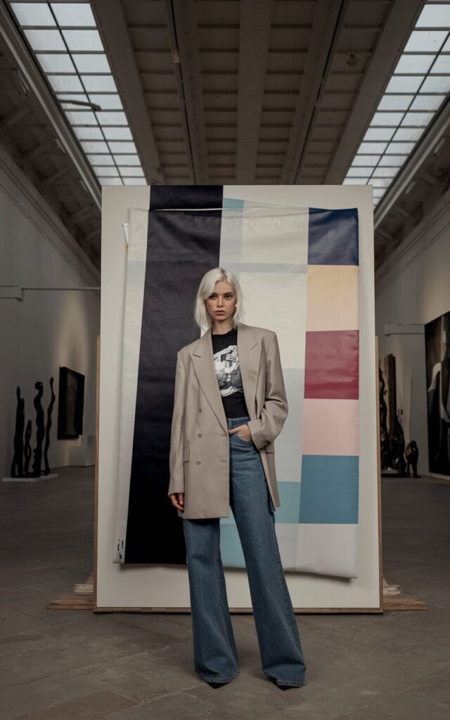 In a Parisian art gallery with dramatic natural light and whitewashed walls, a platinum blonde model stands in front of a massive abstract canvas. She wears a tailored beige blazer over a quirky graphic tee and high-end denim. The scene is smart, artsy, and editorial-ready.