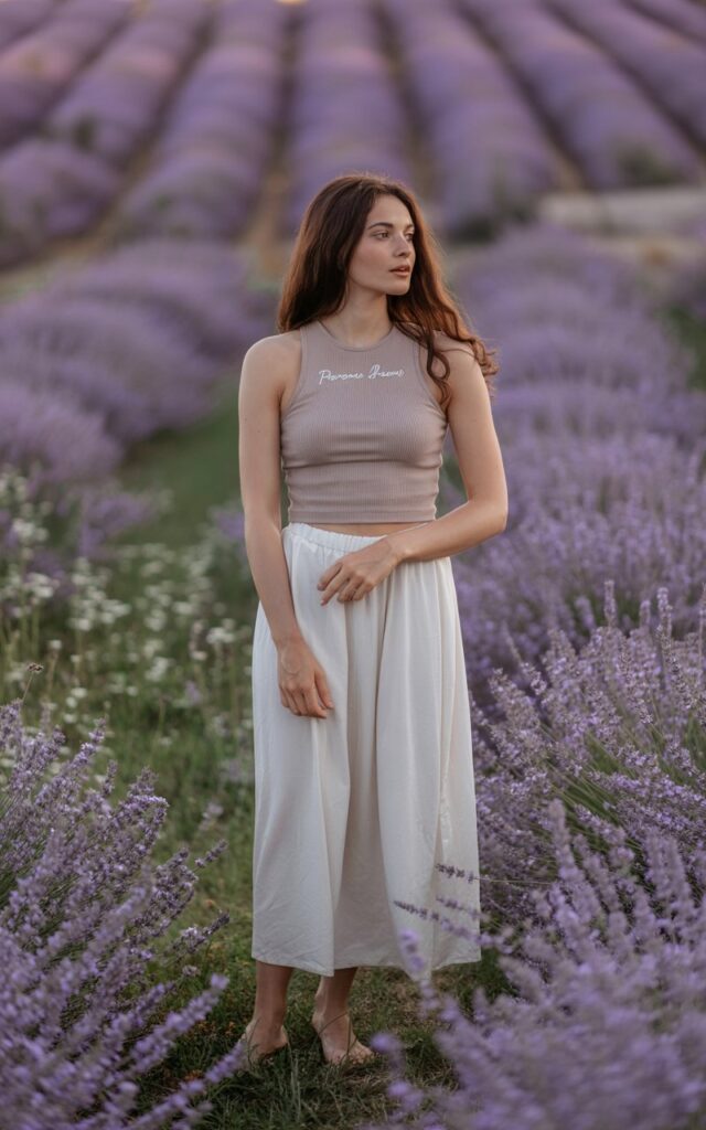 In a blooming lavender field in Provence, a willowy brunette model stands barefoot, wearing a soft taupe ribbed crop top and flowing ivory maxi skirt. The lavender sways around her in soft purple waves under a dreamy sunset. The look is ethereal, grounded, and utterly feminine.