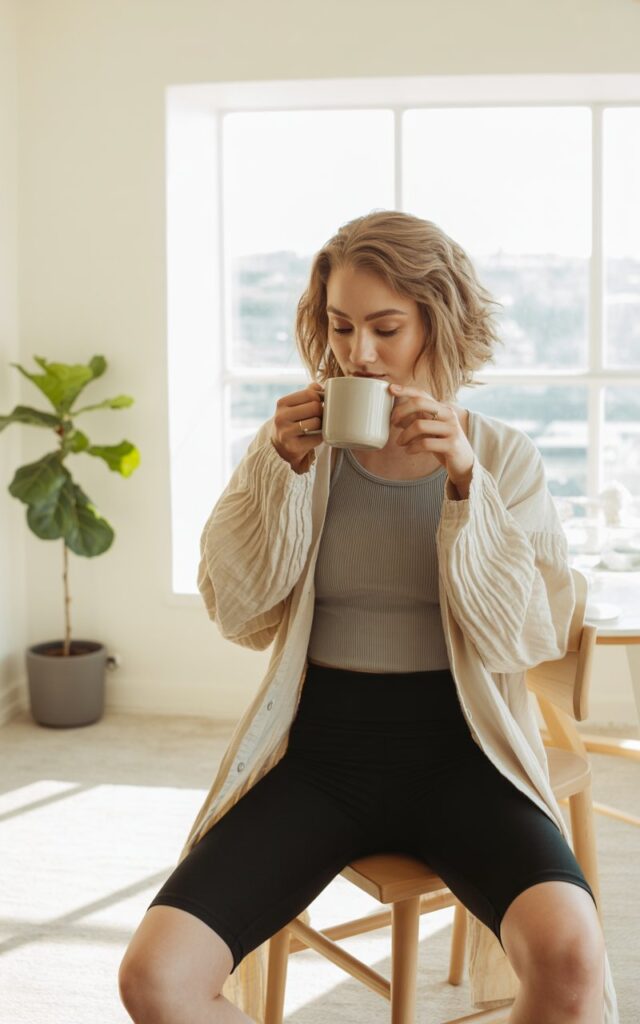In a minimalist Scandinavian apartment filled with soft beige tones and natural wood textures, a model with delicate features sips coffee by a wide window. She's wrapped in a long, lightweight cardigan over a ribbed tank and fitted black biker shorts. The atmosphere is peaceful and effortless, evoking clean-girl luxury.