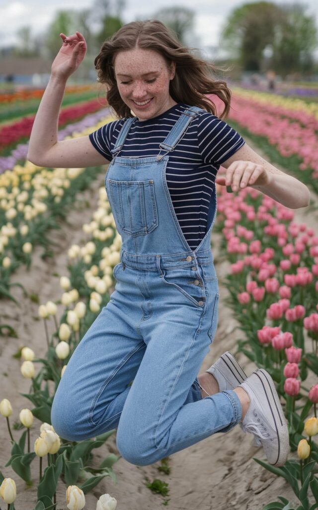 In a rural Dutch tulip field, a model with delicate freckles jumps playfully among colorful blooms. She wears classic denim overalls over a navy-striped tee with crisp white canvas sneakers. The moment is joyful and nostalgic with springtime whimsy.