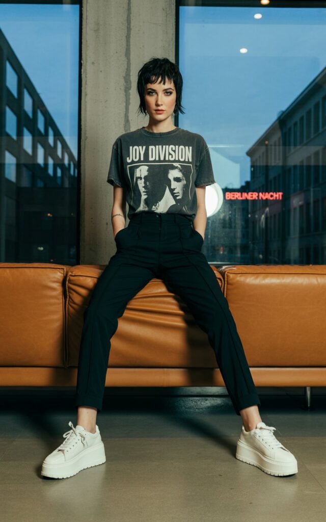 In a sleek Berlin loft with industrial concrete walls and massive windows, a tall model lounges on a designer leather couch. She wears a bold graphic band tee tucked into structured black joggers with glossy white sneakers. Neon signage reflects in the windows as dusk falls. Her vibe is cool, confident, and fashion-forward.