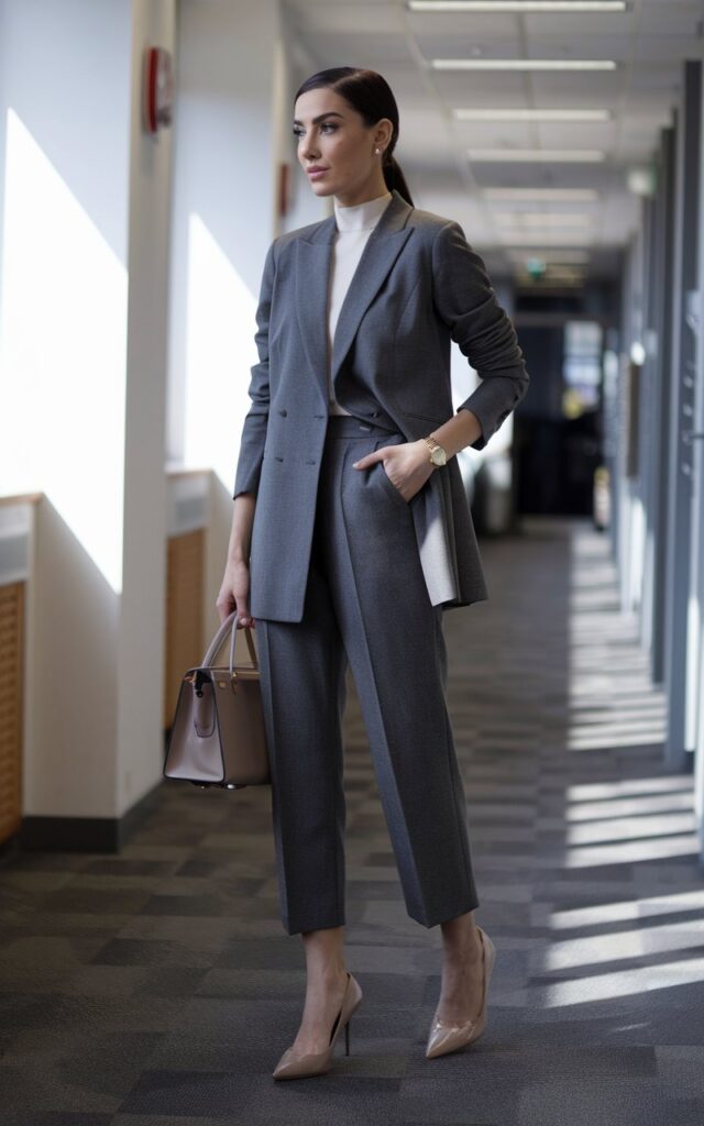 Indoor office hallway, daylight streaming through windows. Model wears a charcoal longline blazer layered over cropped tailored trousers and pointed nude pumps. Accessories structured handbag, gold watch. Hair in sleek ponytail. Pose standing confidently with one hand in pocket, expression sharp.