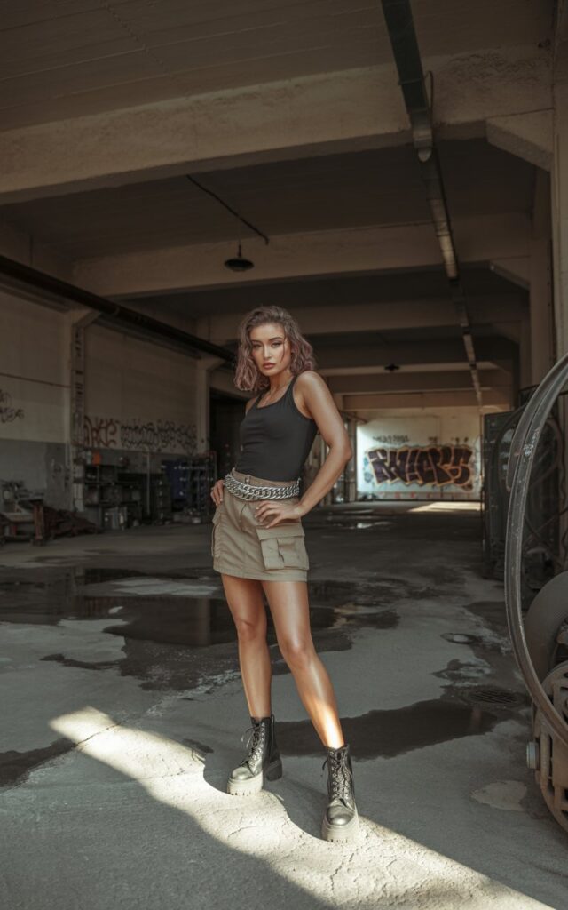 Industrial-style warehouse shoot in Warsaw, model in a beige cargo skirt with a chunky silver chain belt, fitted black tank, combat boots, harsh shadow lighting for edgy vibe.