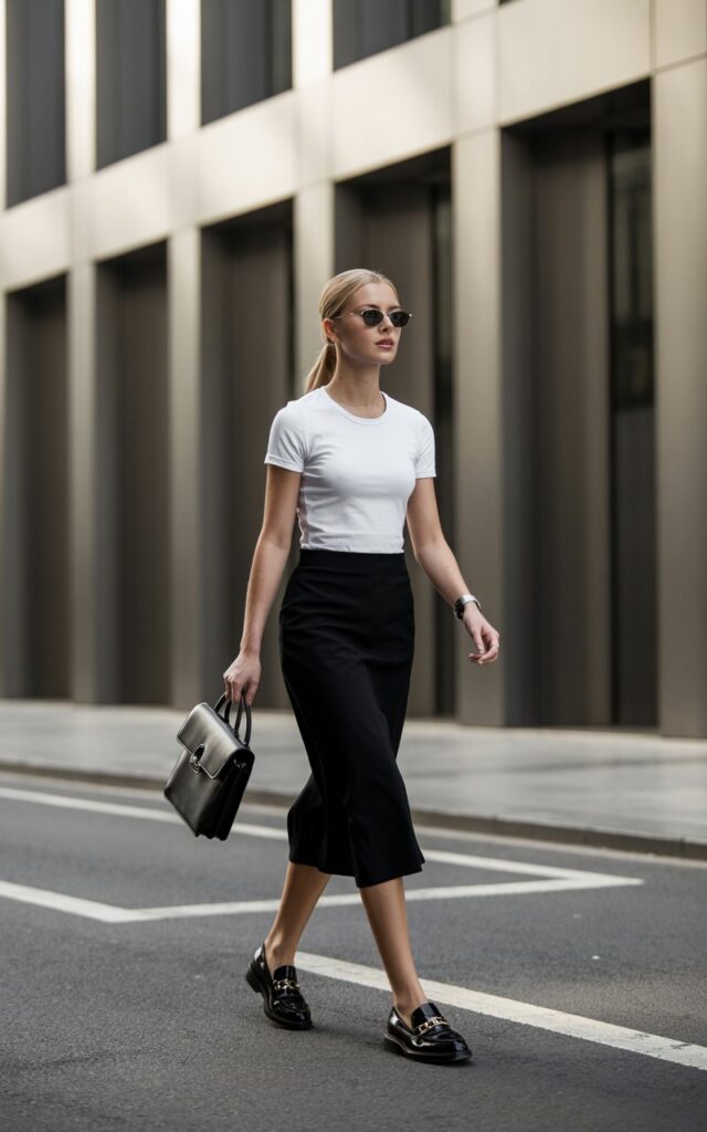 Minimal urban backdrop with clean lines, daylight. Outfit classic white fitted tee tucked into a black midi skirt, paired with black leather loafers. Accessories structured satchel, sunglasses. Hair in sleek ponytail. Pose walking with bag in hand, neutral expression.