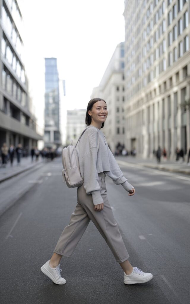 Minimalist modern street with natural daylight. Model wears a monochrome outfit in light grey tones—boxy cropped sweater and tailored trousers—styled with sleek white sneakers. Accessories simple leather backpack. Hair straight and tucked behind ear. Pose mid-walk, relaxed confidence, candid smile.