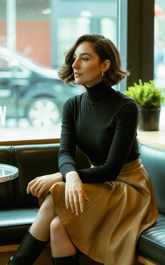 Model indoors in modern café corner with soft window light. Outfit fitted black turtleneck tucked into a camel A-line midi skirt, styled with knee-high boots. Hair wavy bob tucked behind ear. Accessories small hoop earrings. Pose sitting elegantly with legs crossed, hands resting on lap, gaze thoughtful.