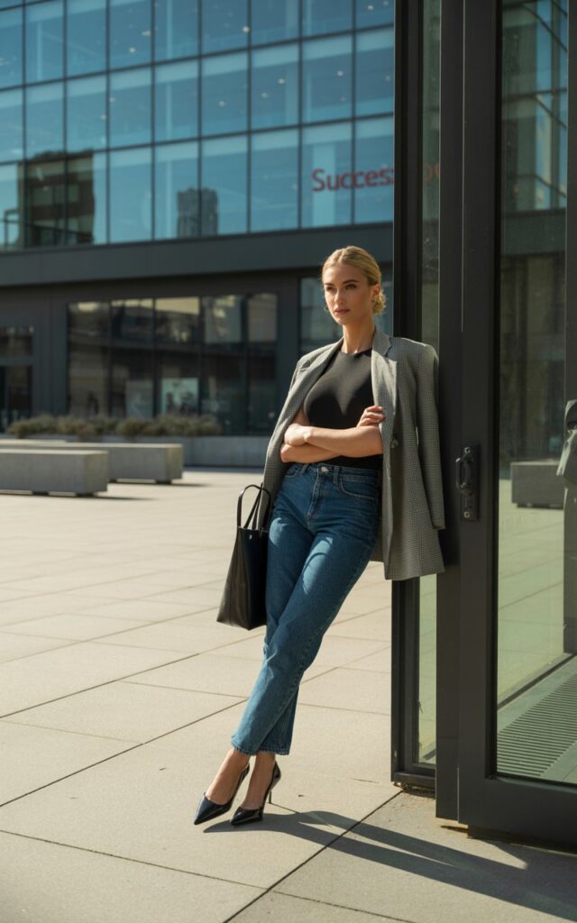 Model standing near modern glass office building in soft afternoon daylight. Outfit fitted black bodysuit tucked into blue straight jeans, topped with a structured grey blazer. Accessories pointed black heels, sleek leather tote. Hair polished bun. Pose leaning against railing, arms crossed, expression strong and professional.