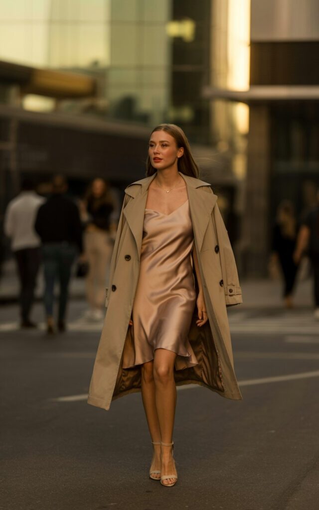 Model walking down a modern urban street at golden hour, wearing a beige trench coat draped over a silky champagne slip dress with nude ankle-strap heels. She holds the coat belt loosely, looking over her shoulder with a subtle smile. Her hair is styled sleek and straight, catching the light. Skin texture visible with natural makeup. The golden sunlight highlights the satin dress texture.