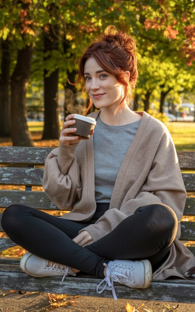 Model with auburn hair in a messy bun, lounging on a park bench under autumn trees. Wearing a beige oversized cardigan layered over a gray tee with black leggings and white sneakers. A knit beanie and coffee cup in hand complete the look. She sits cross-legged, playful expression, cardigan draping casually.