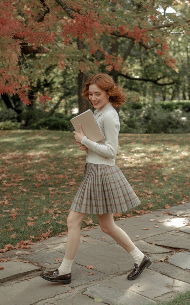 Model with auburn hair in soft curls, dressed in a plaid pleated skirt, fitted cream cardigan, and loafers with ankle socks. Shot in a quiet park with autumn leaves, natural daylight. She’s mid-step on a pathway, smiling playfully, holding a notebook like a student rushing to class.