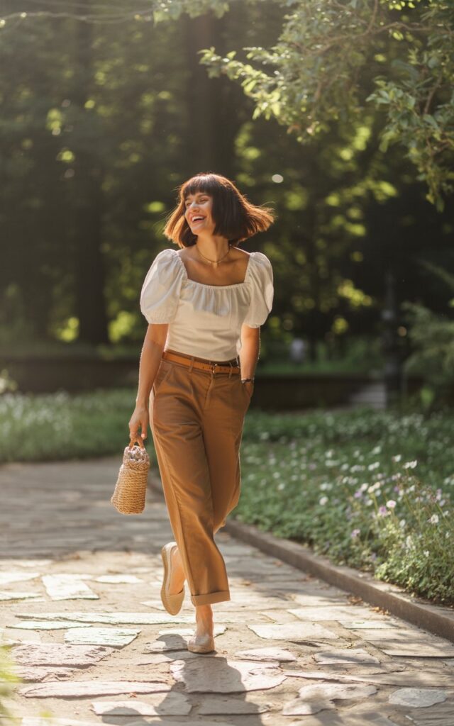 Model with brunette bob, photographed in a sunny park with stone pathways. She wears tan chinos with a soft white puff-sleeve blouse, espadrilles, and a woven handbag. Walking casually, candid laugh, breezy atmosphere.