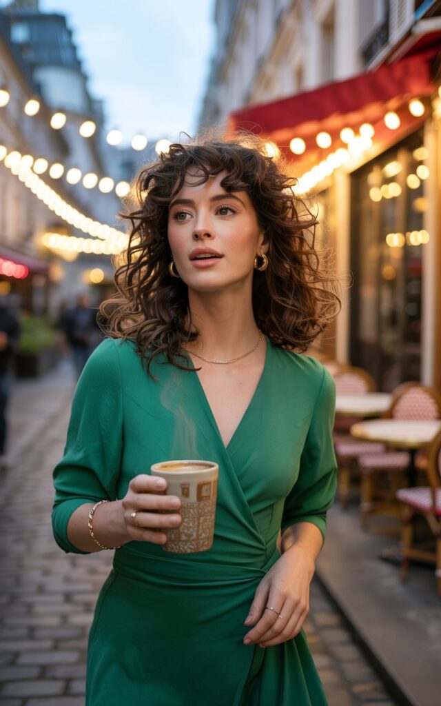 Model with brunette curly hair styled naturally. She wears a wrap dress in emerald green with block nude heels and delicate jewelry. Setting cobblestone alleyway café with hanging string lights at dusk. Pose walking forward, holding a coffee cup, expression carefree and approachable.