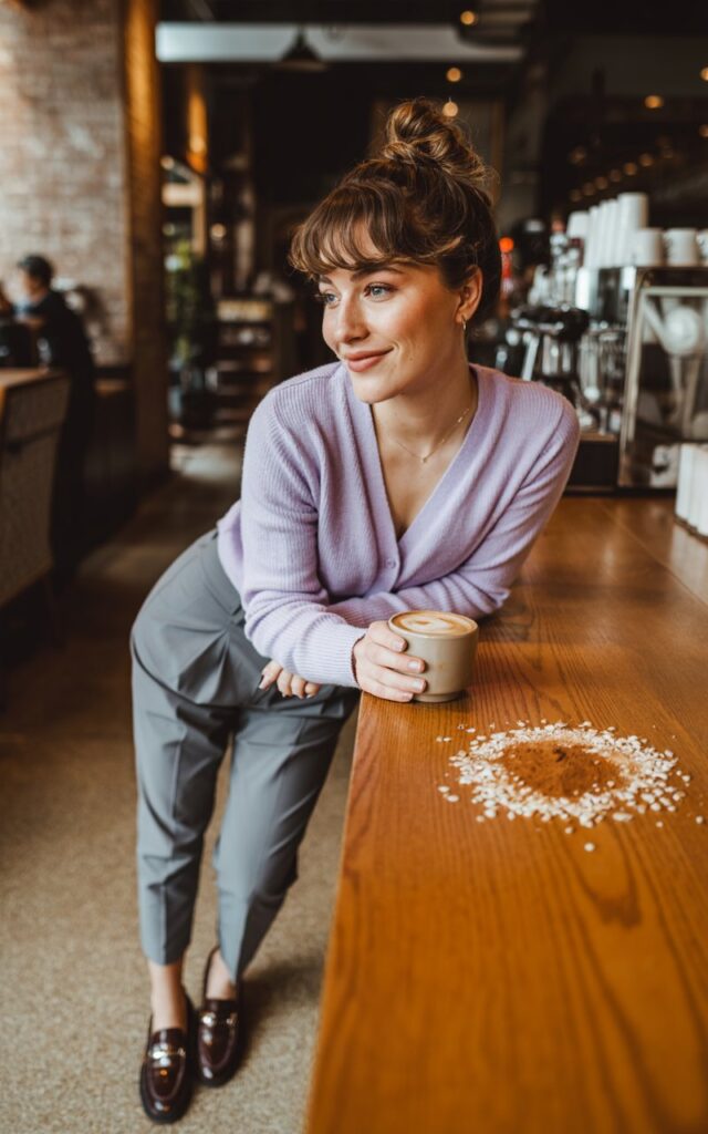 Model with brunette messy bun and soft fringe. Outfit pastel cardigan tucked slightly into sharp gray cigarette pants, paired with loafers. Setting cozy coffee shop interior with warm indoor light. Pose leaning against counter holding coffee cup with a relaxed smile.