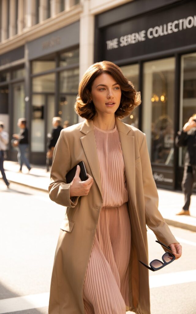 Model with chestnut waves pulled into a half-up style. Outfit blush pleated midi dress under a camel longline blazer, paired with nude pumps. Setting chic city street with upscale boutiques, golden hour light. Pose walking, blazer flowing, one hand holding sunglasses. Expression graceful yet strong.