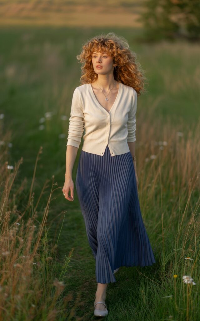 Model with curly honey-blonde hair, photographed outdoors in golden-hour nature setting. She wears a flowing navy pleated maxi skirt with a fitted cream cardigan tucked in, soft ballet flats, and delicate jewelry. Walking through grass, expression serene and dreamy.