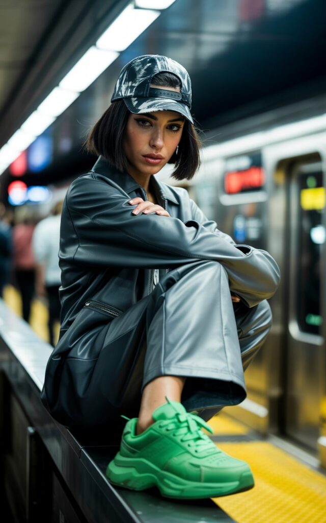 Model with dark straight hair tucked under a statement cap, dressed in a matching grey tracksuit and chunky sneakers. Shot in a subway station under bright artificial lights. She’s standing confidently with crossed arms, edgy and urban.