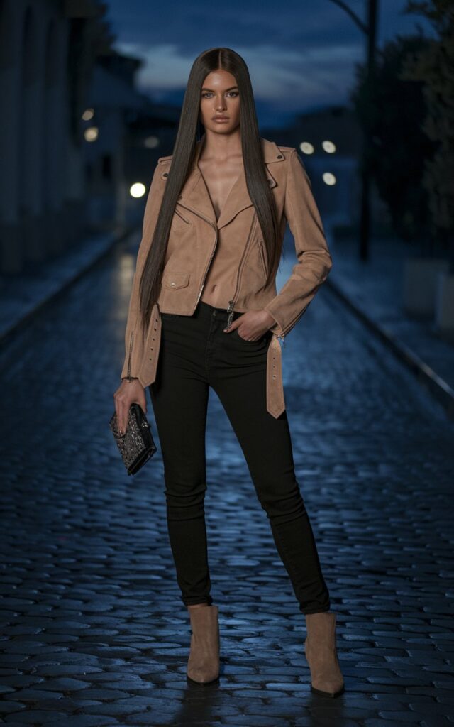 Model with glossy long hair, standing in a dim-lit cobblestone street at twilight. She wears a tan suede biker jacket, tucked black skinny jeans, and pointed ankle boots. Small clutch bag in hand. Confident pose, one hand in her pocket, moody cinematic atmosphere.