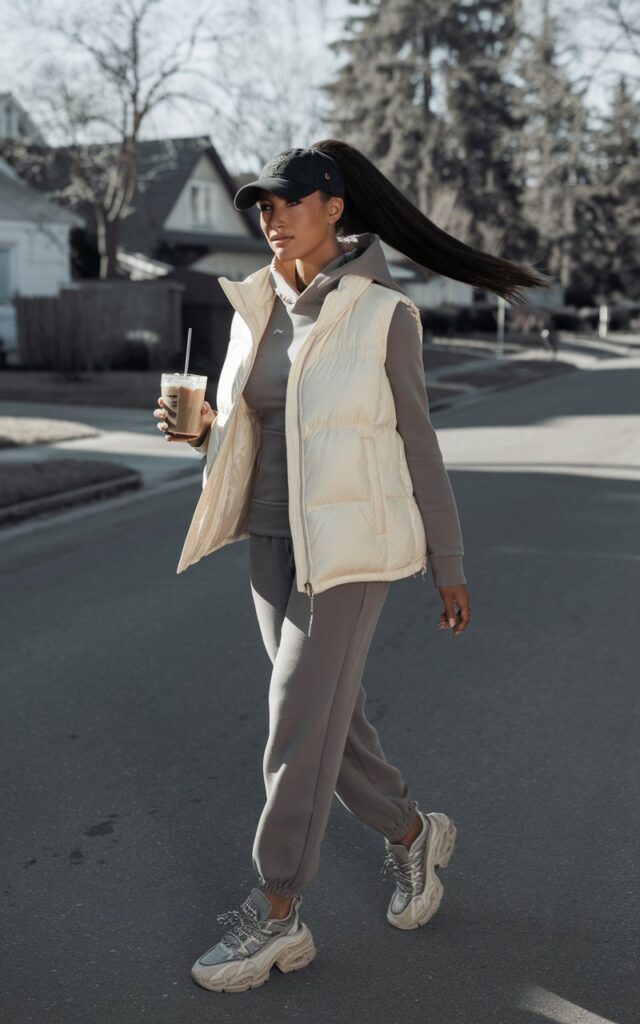 Model with high ponytail, standing on a quiet suburban street in bright daylight. She wears a cream puffer vest over a fitted hoodie, gray joggers, and chunky sneakers. A baseball cap tops the look. She’s holding an iced coffee and walking toward the camera, casual and sporty expression.