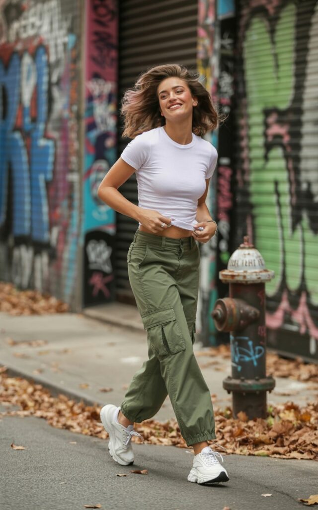 Model with light brown wavy hair, wearing olive green cargo pants and a fitted white baby tee with chunky sneakers. Shot in a graffiti-covered alley in natural daylight. She’s walking confidently with one hand tugging at her shirt hem, playful and casual.