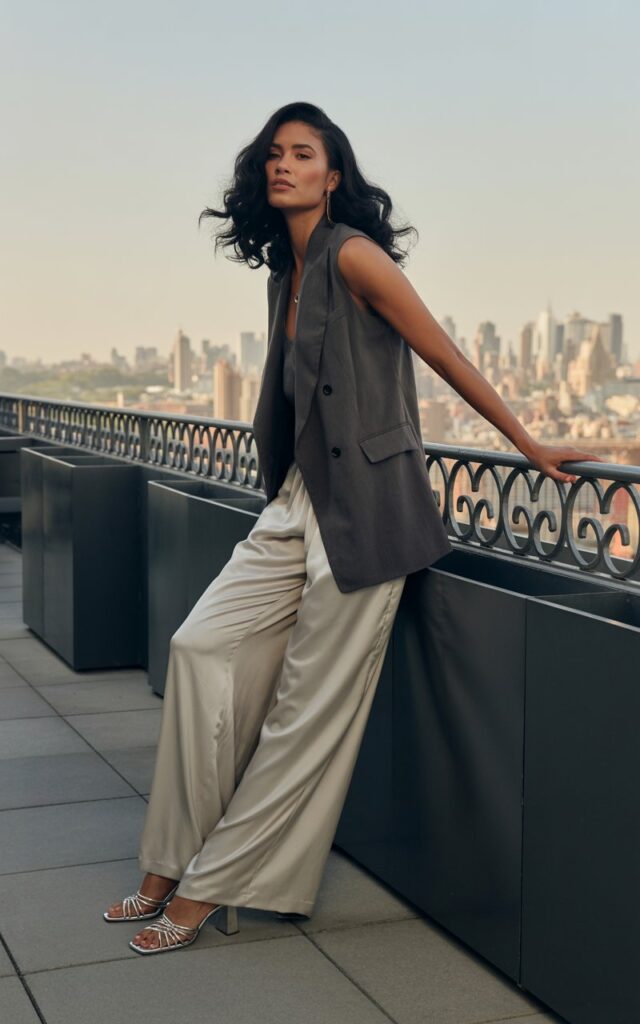 Model with long black hair styled in polished waves. She wears a tailored vest in charcoal gray over a silk tank, paired with flowing cream palazzo pants and strappy block heels. Setting rooftop terrace at golden hour with city skyline in background. Pose leaning on railing casually, wind catching her hair. Expression relaxed yet commanding.