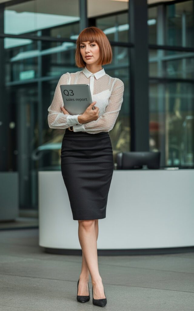 Model with long black hair styled in polished waves. She wears a tailored vest in charcoal gray over a silk tank, paired with flowing cream palazzo pants and strappy block heels. Setting rooftop terrace at golden hour with city skyline in background. Pose leaning on railing casually, wind catching her hair. Expression relaxed yet commanding.