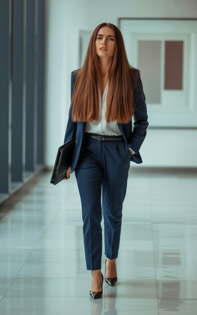Model with long brunette hair styled sleek and straight. Outfit tailored navy trousers, crisp white blouse, leather belt, and black leather heels. Setting sleek modern office corridor with window light. Pose walking forward confidently, carrying laptop case. Expression fierce yet professional.