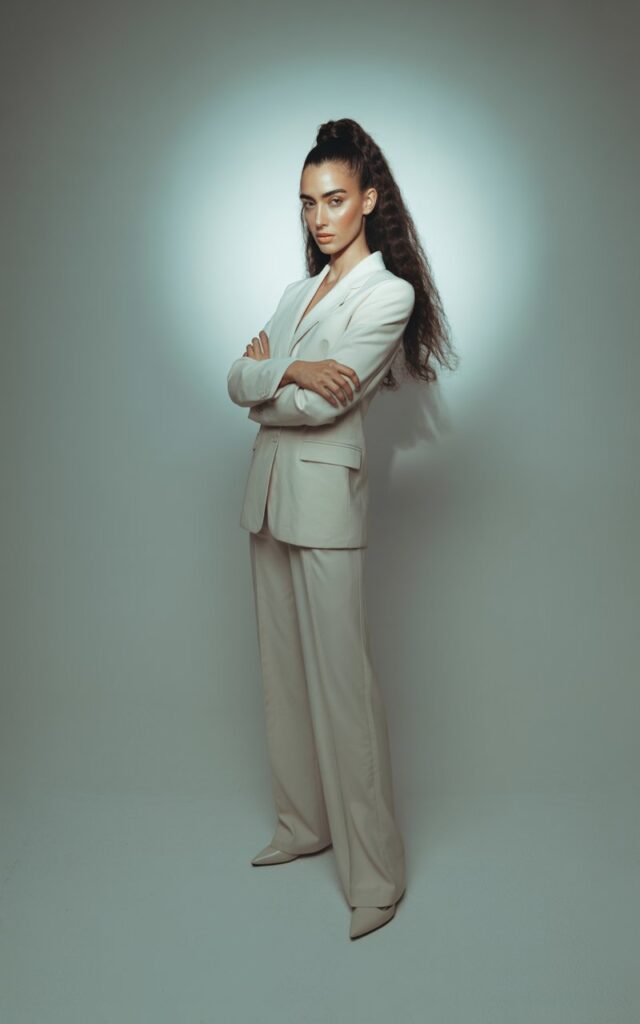 Model with long dark hair in a sleek ponytail, photographed indoors with studio lighting. She wears an all-white tailored pant suit with minimalist pointed flats, no jewelry, hair pulled back. Standing tall with arms crossed, expression bold and confident.