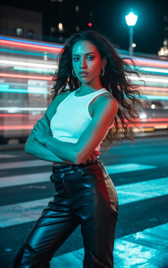 Model with long dark waves, wearing black faux leather pants, white cropped tank, and heeled boots. Shot in a neon-lit city street at night. She’s standing with arms crossed, sharp confident look, embodying bold street-style edge.