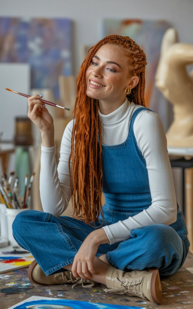 Model with long ginger hair in braids, wearing a white ribbed turtleneck under a blue denim overall dress with ankle boots. Shot at an art studio with warm indoor lighting. She’s holding a paintbrush, smiling slightly with playful, artsy energy.