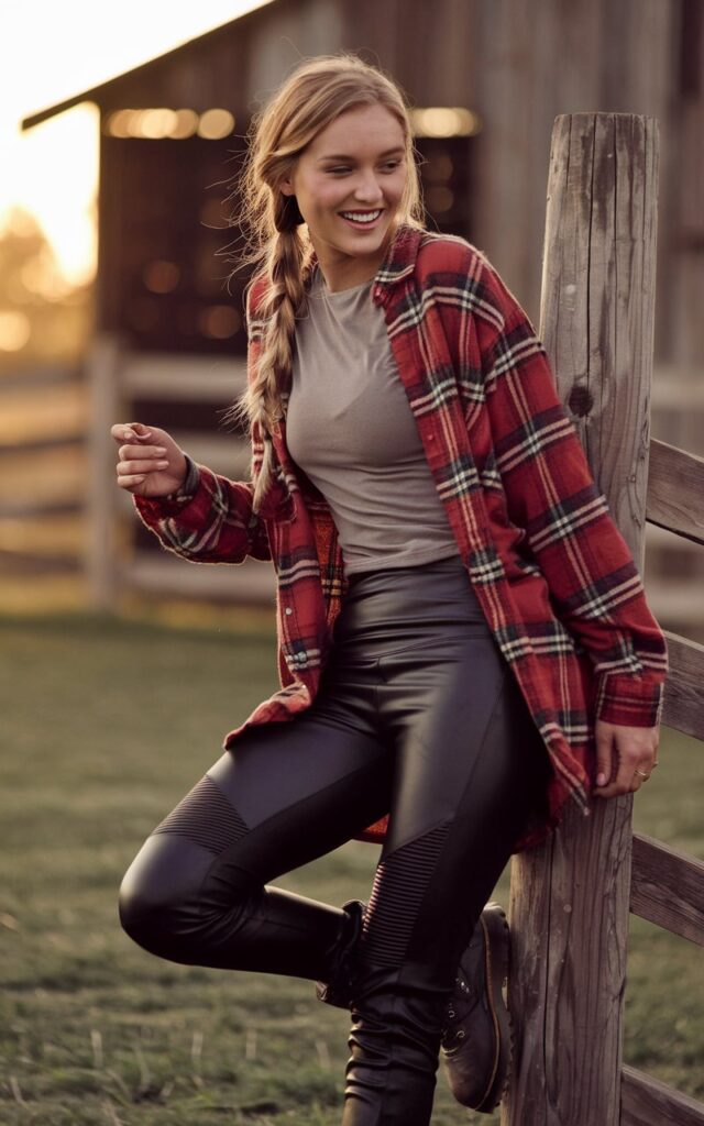 Model with loose braid, shot in a rustic outdoor barn setting at golden hour. She wears black faux leather leggings, a fitted tee, layered with a red plaid flannel shirt left unbuttoned. Combat boots complete the look. She’s leaning against a wooden post, playful grin, natural candid vibe.