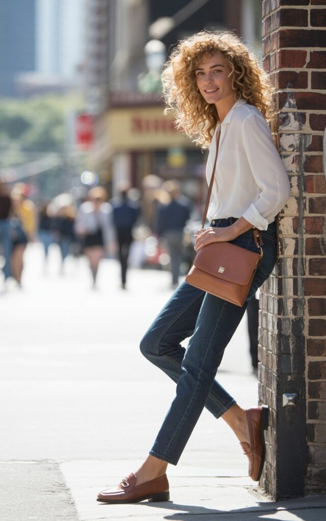Model with natural wavy blonde hair, leaning casually against a brick wall on a city street in daylight. She wears slim dark denim jeans with a crisp white blouse, brown loafers, and a leather crossbody bag. Casual stance, natural smile, editorial street style vibe.