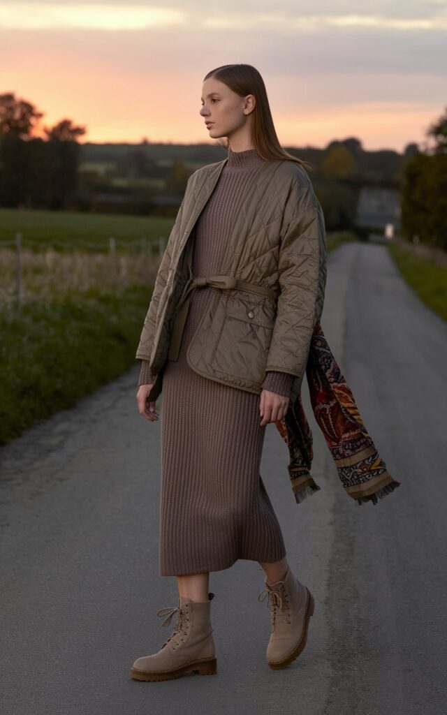 Model with neat straight hair, standing in a quiet countryside road at sunset. She wears a khaki quilted jacket layered over a ribbed knit midi dress, belted at the waist, with lace-up boots. A patterned scarf adds warmth. She walks slowly, glancing sideways, serene and elegant mood.