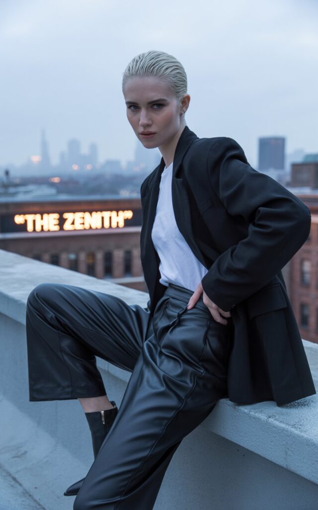 Model with platinum blonde hair slicked back, posing on an urban rooftop at dusk. Black faux leather trousers, crisp white tee, oversized structured blazer, and ankle boots. Standing with one hand on her hip, fierce gaze into the camera.