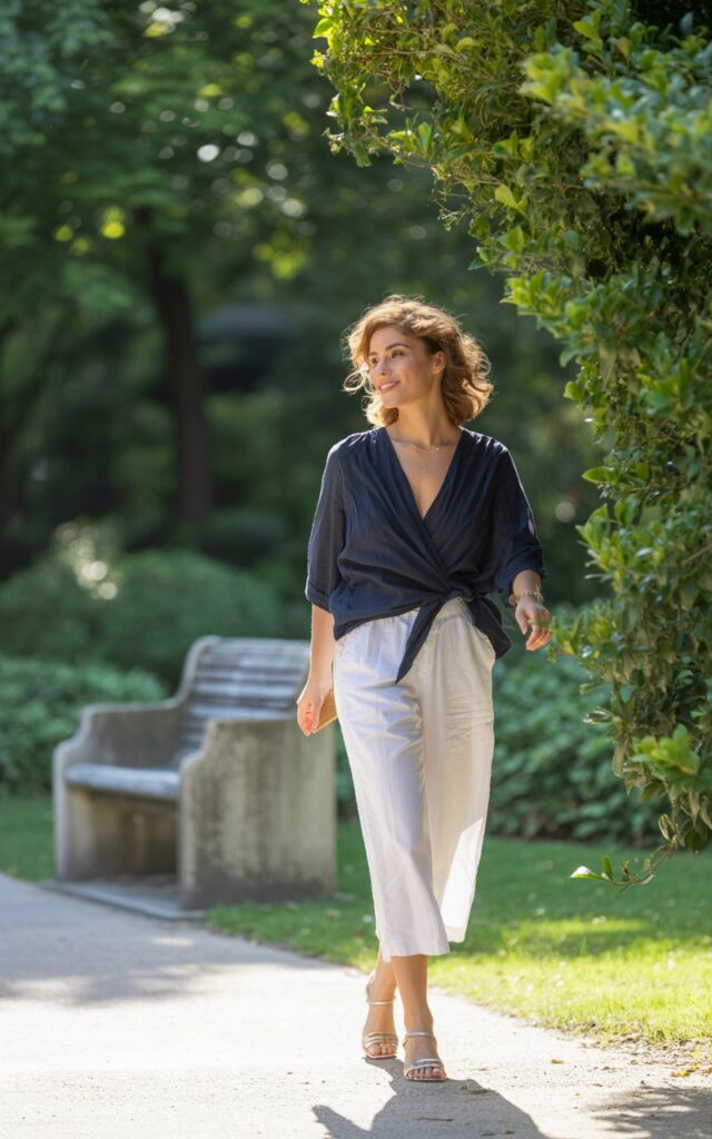 Model with platinum blonde hair slicked back, posing on an urban rooftop at dusk. Black faux leather trousers, crisp white tee, oversized structured blazer, and ankle boots. Standing with one hand on her hip, fierce gaze into the camera.
