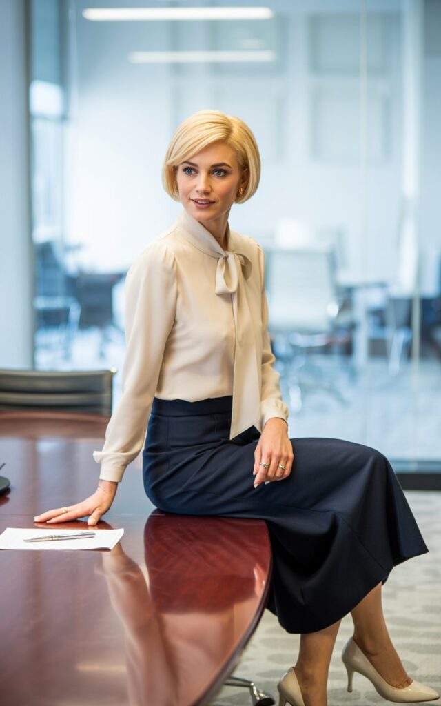 Model with short blonde bob, sleek and polished. Outfit cream high-neck blouse with bow detail, paired with navy midi pencil skirt and kitten heels. Setting office conference room with bright indoor lighting. Pose seated at a table, leaning slightly forward with an elegant smile.