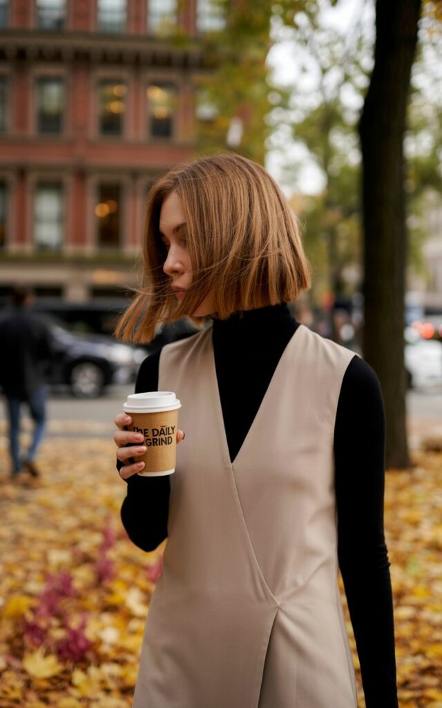 Model with shoulder-length golden brown hair tucked behind ears. Outfit beige sleeveless shift dress layered over a slim black turtleneck, paired with ankle boots. Setting tree-lined street in autumn, fallen leaves around, soft natural daylight. Pose walking with a coffee in hand, smiling naturally, candid vibe.