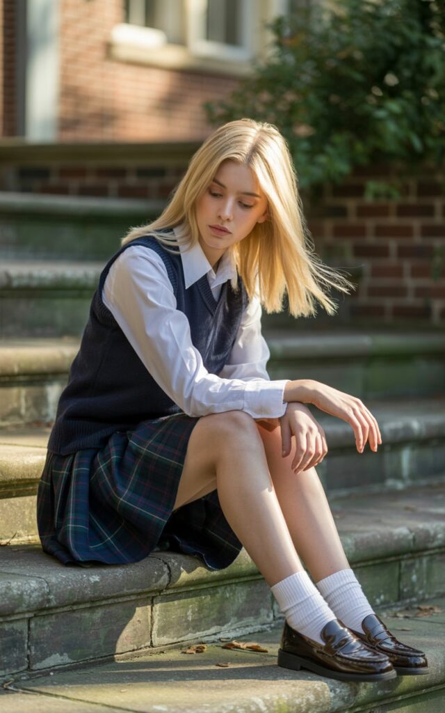 Model with silky straight blonde hair, wearing a navy knit vest over a crisp collared shirt, plaid skirt, and knee-high socks with loafers. Shot on school steps during daylight. She’s sitting with her legs crossed, looking down thoughtfully, preppy and polished.