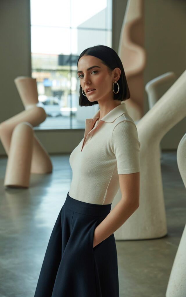 Model with sleek black bob, standing in a modern art gallery with soft natural light. She wears a fitted cream knit polo tucked into a navy A-line skirt, black ankle boots, and minimalist jewelry. Standing thoughtfully, slight smile, sophisticated vibe.
