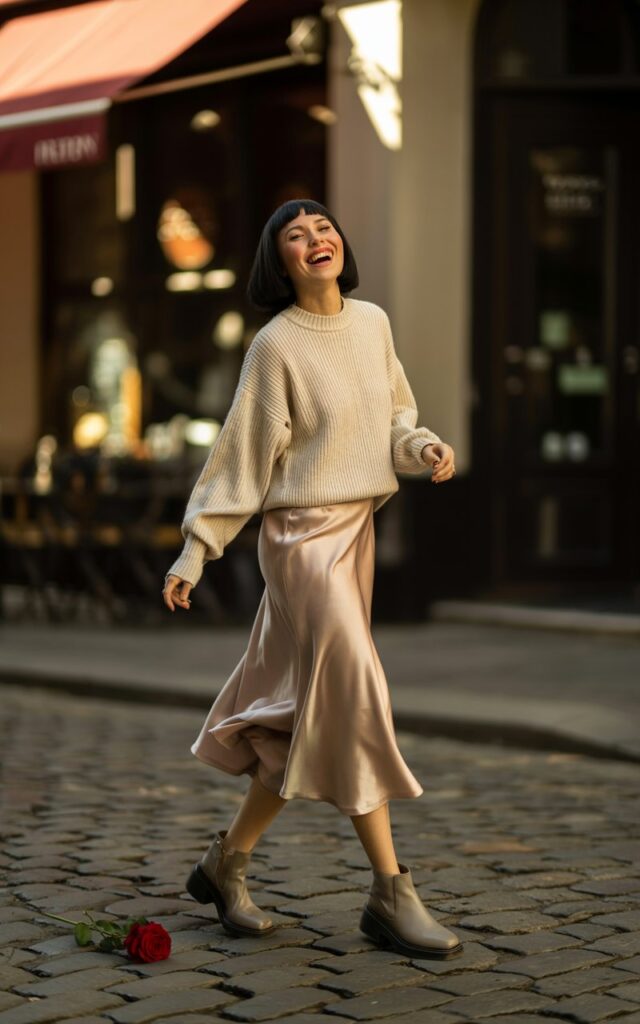 Model with sleek black bob, styled in a champagne satin midi skirt with a chunky cream knit sweater and ankle boots. Shot outdoors in a cobblestone street during golden hour. She’s twirling slightly, laughing, feminine yet cozy.