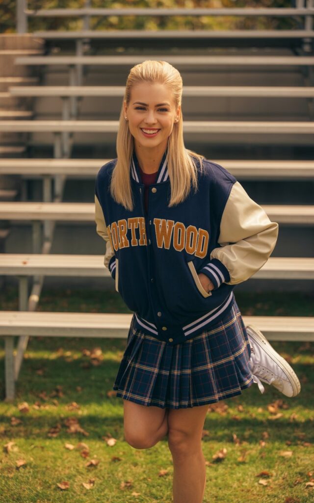 Model with sleek blonde hair styled in a half-up look, dressed in a navy varsity jacket, plaid pleated skirt, and sneakers. Shot near school bleachers in golden hour light. She’s standing with one leg kicked back, smiling confidently at the camera, nostalgic and fun.