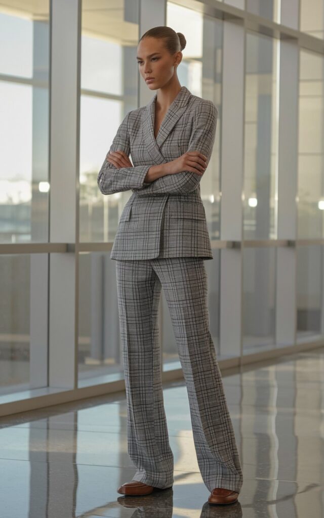 Model with sleek pulled-back bun, photographed in a modern office lobby with natural daylight streaming through glass windows. She wears a fitted plaid blazer with straight-leg trousers and polished loafers. Minimalist leather handbag at her side. Standing tall with arms crossed, projecting chic authority.