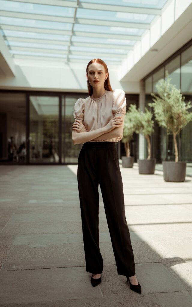 Model with sleek straight auburn hair. Outfit pale blush chiffon blouse with puff sleeves tucked into high-waist black trousers, black pumps. Setting modern open-air atrium with skylight, daylight filtering in. Pose standing with arms crossed lightly, expression calm and authoritative.