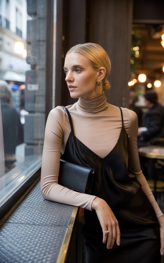 Model with sleek straight blonde hair styled behind her ears, photographed in a chic café corner with soft indoor light. She wears a black satin slip dress layered over a beige fitted turtleneck, paired with ankle boots. Minimal jewelry, a small leather crossbody on her shoulder. She’s leaning casually against a wooden counter, gazing thoughtfully out the window.