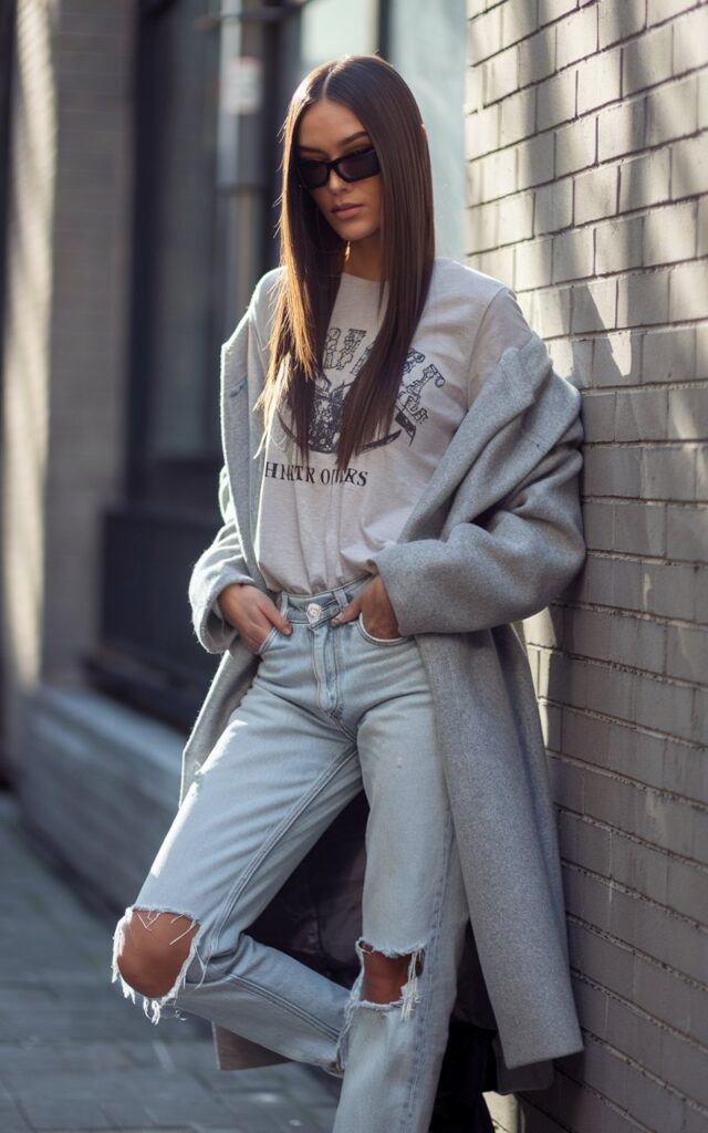 Model with sleek straight brown hair, leaning against a brick wall in an alley with soft daylight. She wears light-wash ripped jeans, a tucked-in graphic tee, and a gray wool coat draped over her shoulders. Paired with ankle boots and oversized sunglasses. Confident stance, hands in pockets, street-style chic.