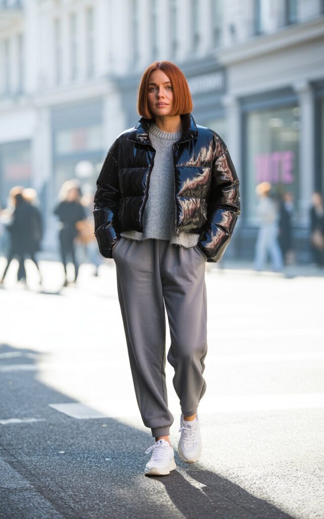 Model with slick shoulder-length bob, wearing a cropped black puffer jacket with grey joggers and sneakers. Shot on a cold morning city street in soft daylight. She’s walking confidently with hands tucked in pockets, neutral face, giving ultimate cozy-girl vibes.